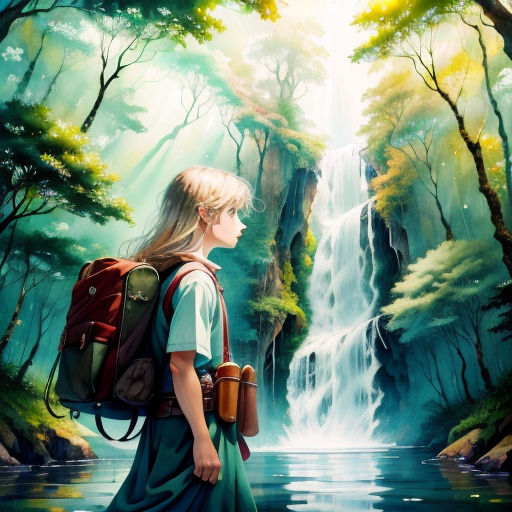 a painting of a girl with a backpack looking at a waterfall in the forest with a waterfall in the background