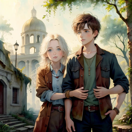 a couple of people standing next to each other near a tree and a building with a clock tower in the background