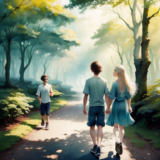 a man and a woman walking down a road holding hands and looking at the trees and grass on both sides of the road