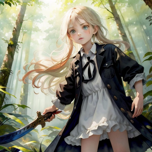 a girl in a forest holding a sword and a sword case with a long hair and a black jacket