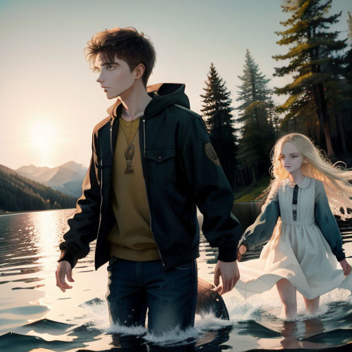 a man and a woman walking through water in the woods at sunset or sunrise with a boat in the water