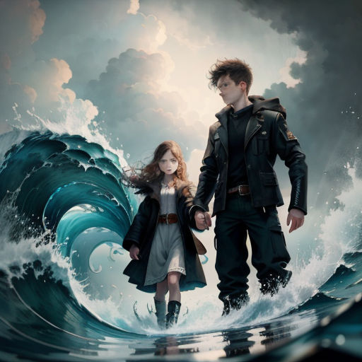 a man and a woman walking through a wave in the ocean with a boat in the background and a man holding a woman's hand