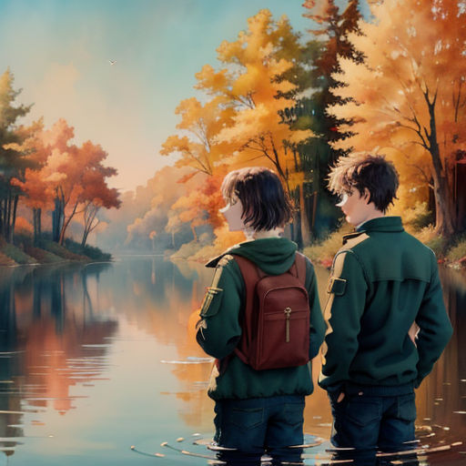 two boys standing in the water looking at the trees and the water with fall colors on it and a lake in the background