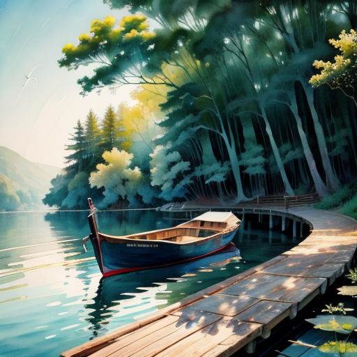 a painting of a boat on a lake with a dock and trees in the background and a person standing on a dock