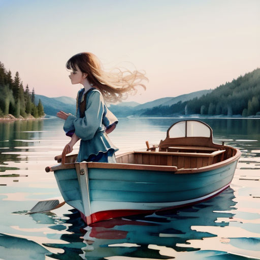 a woman standing on a boat in the water with a long hair blowing in the wind, looking out at the water