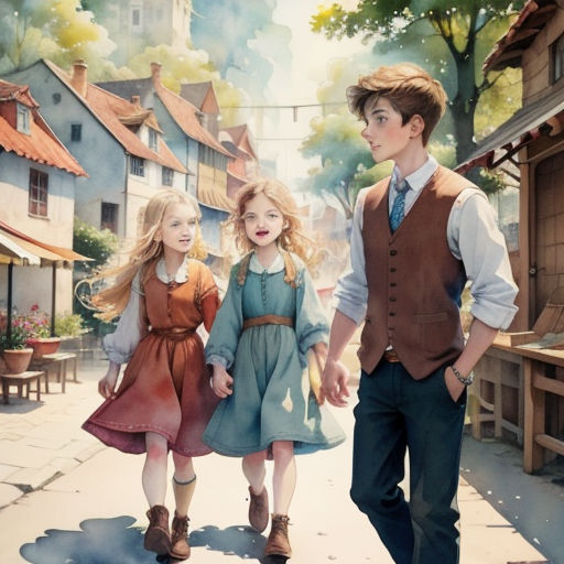 a painting of two children walking down a street with a man in a vest and tie and a woman in a dress
