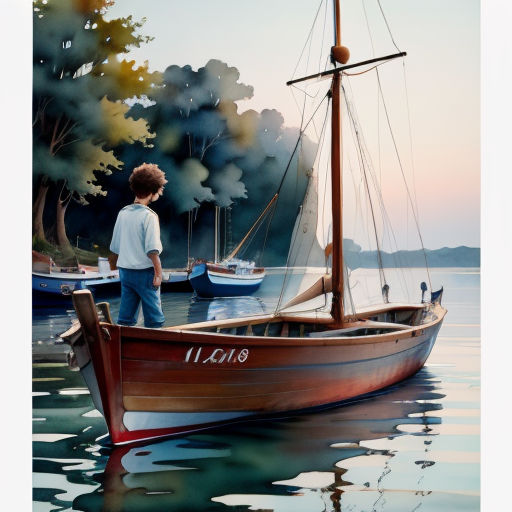 a painting of a boy standing on a boat in the water with a boat in the background and trees in the background