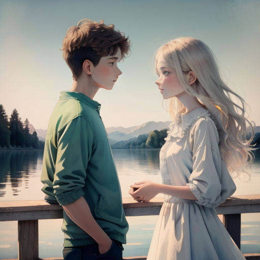 a boy and a girl standing on a pier looking at each other and a lake in the background with mountains
