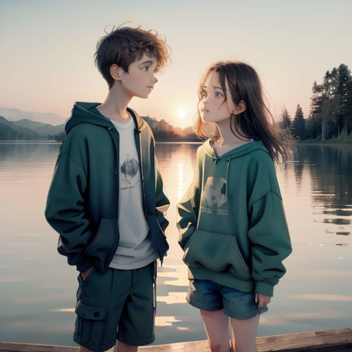two young people standing on a dock near a lake at sunset or sunrise or sunset, looking at each other