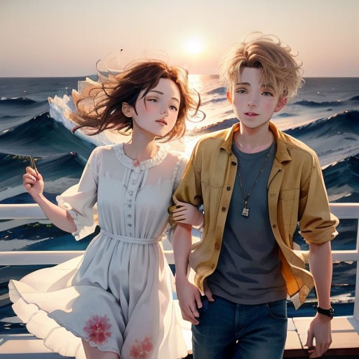 a boy and a girl are standing on a boat in the ocean, with the sun shining behind them