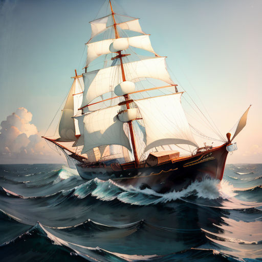 a painting of a sailboat in the ocean with a sky background and clouds above it, with a person on the deck