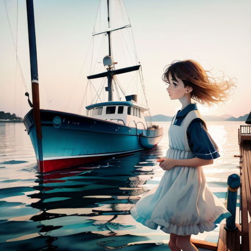 a woman standing on a dock next to a boat in the water at sunset or dawn with her hair blowing in the wind