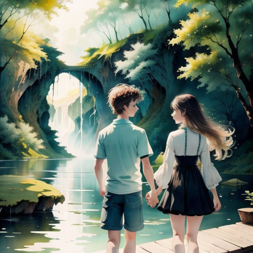 a couple of people standing on a wooden bridge over a river in a forest with a waterfall in the background