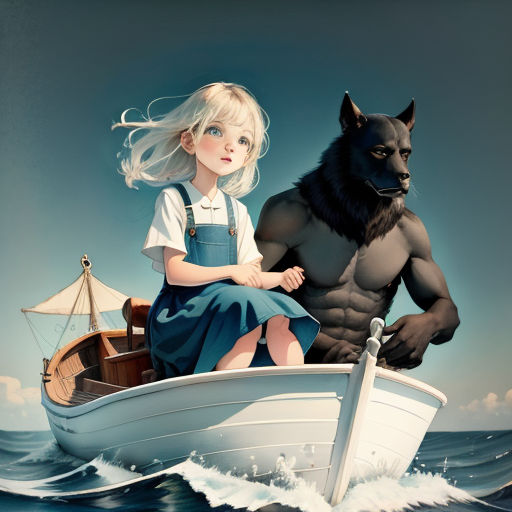 a girl and a wolf are sitting on a boat in the ocean, with a wolf on the boat