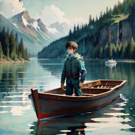a painting of a boy in a boat on a lake with mountains in the background and a boat in the foreground