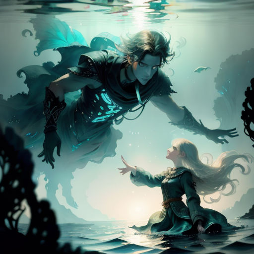 a woman and a man are in the water with a mermaid in their arms and a man in a wet suit is holding a sword