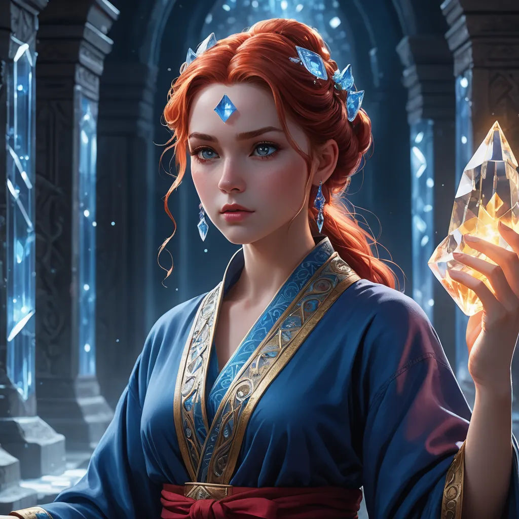 a woman in a blue dress holding a crystal in her hand and a blue ring on her finger, in a dark room, fantasy art, a character portrait, Clint Cearley, magic the gathering artwork