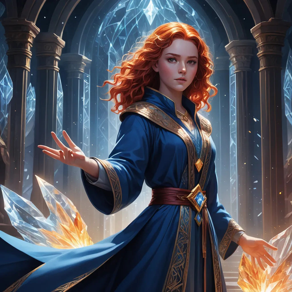 a woman in a blue dress holding a fire ball in her hands and a castle in the background with a light shining through the window, fantasy art, a detailed painting, Clint Cearley, magic the gathering artwork