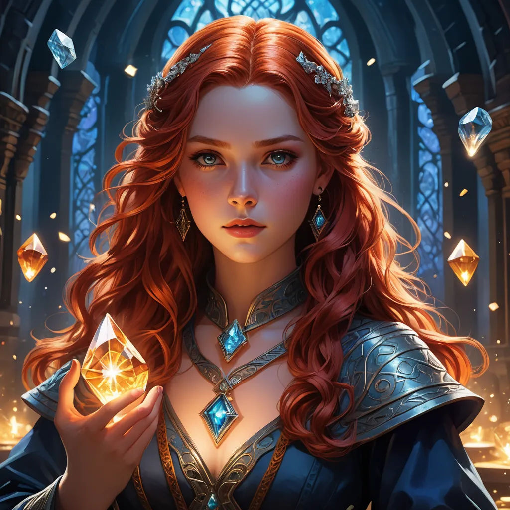 a woman with red hair and a tiara holding a diamond in her hand and a window in the background, fantasy art, a detailed painting, Charlie Bowater, rossdraws global illumination