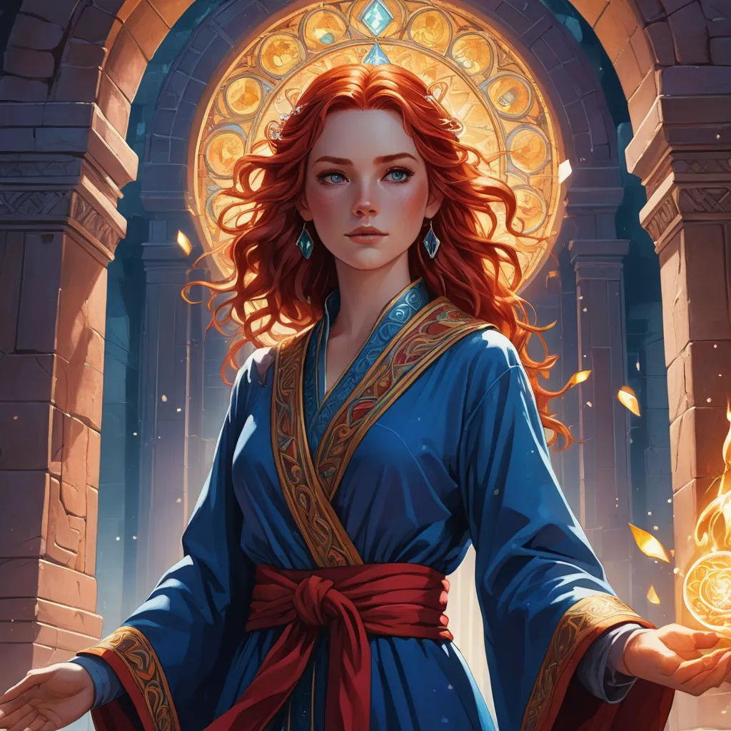 a woman in a blue dress holding a ball of fire in her hands and a doorway in the background, fantasy art, a detailed painting, Charlie Bowater, magic the gathering artwork