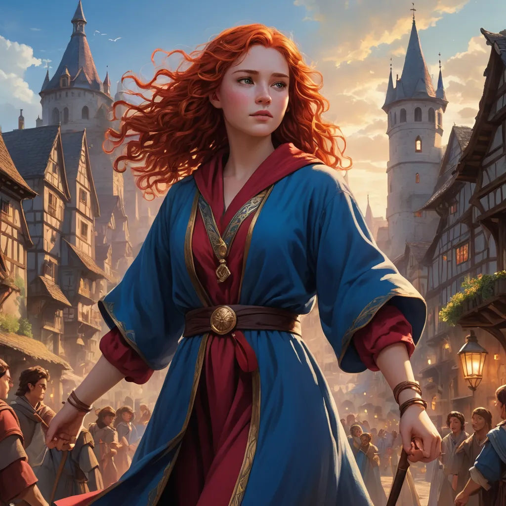 a woman in a blue dress holding a wand in front of a castle with people in it and a man in a red robe, altermodern, concept art, Clint Cearley, magic the gathering artwork