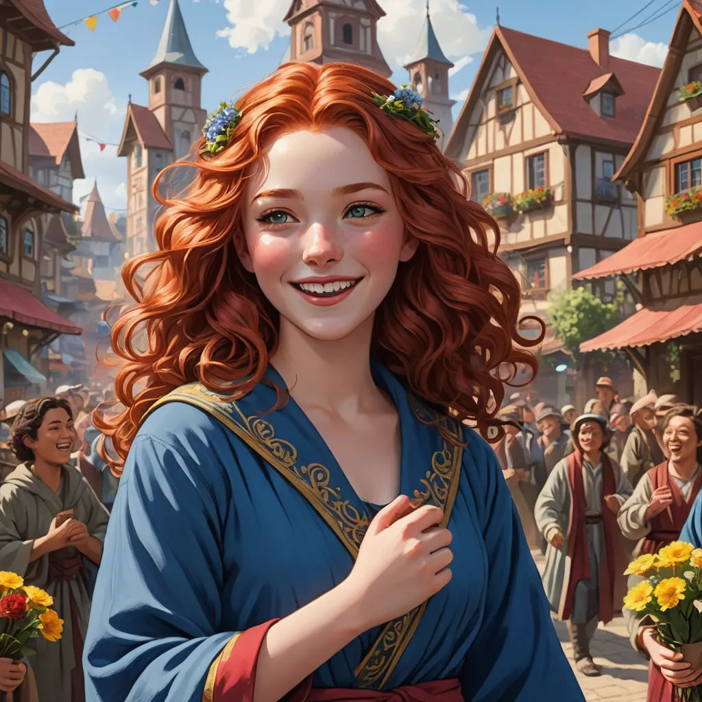 a painting of a woman with red hair and a blue dress in a town square with people in the background, fantasy art, a detailed painting, Clint Cearley, trending on artstation hq