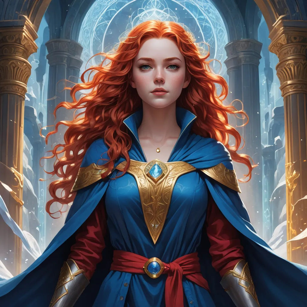 a woman with red hair and a blue cape standing in front of a doorway with a light shining through, fantasy art, a detailed painting, Charlie Bowater, magic the gathering artwork