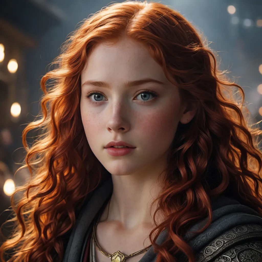 a red haired girl with long hair and a necklace on her neck, standing in a dark room with lights, pre-raphaelitism, computer graphics, Constance Gordon-Cumming, photoreal