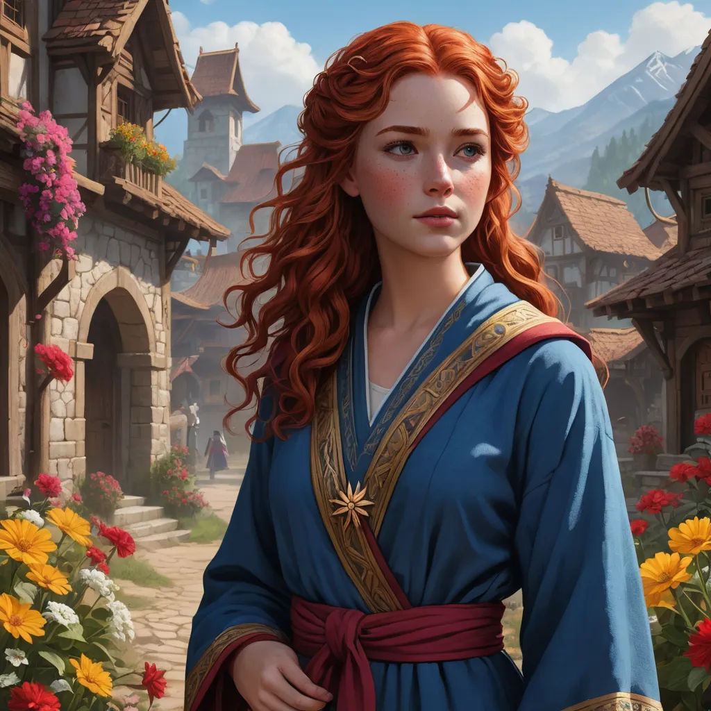 a woman in a blue dress standing in front of flowers and buildings with a mountain in the background and a sky with clouds, fantasy art, a character portrait, Clint Cearley, epic fantasy character art