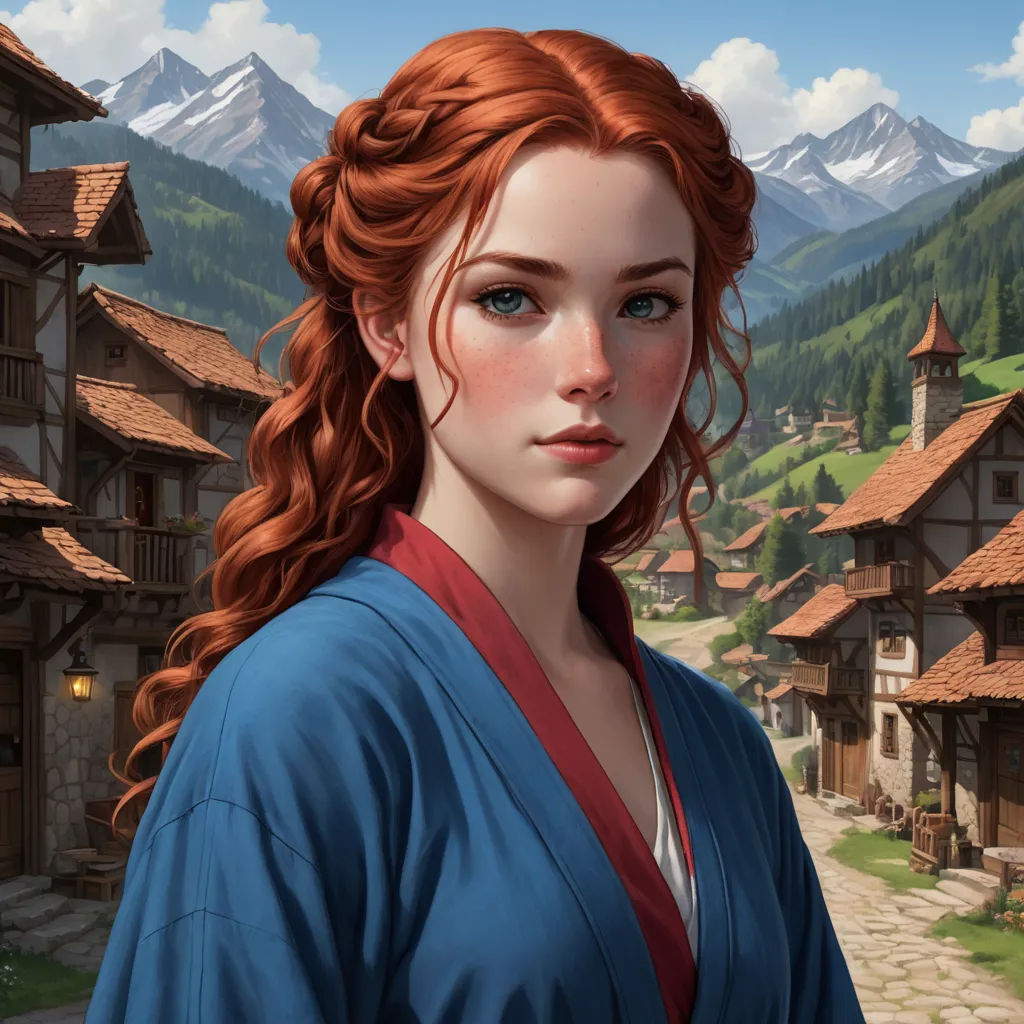 a woman with red hair standing in front of a mountain village with a red - haired girl in a blue dress, fantasy art, a character portrait, Charlie Bowater, epic fantasy character art