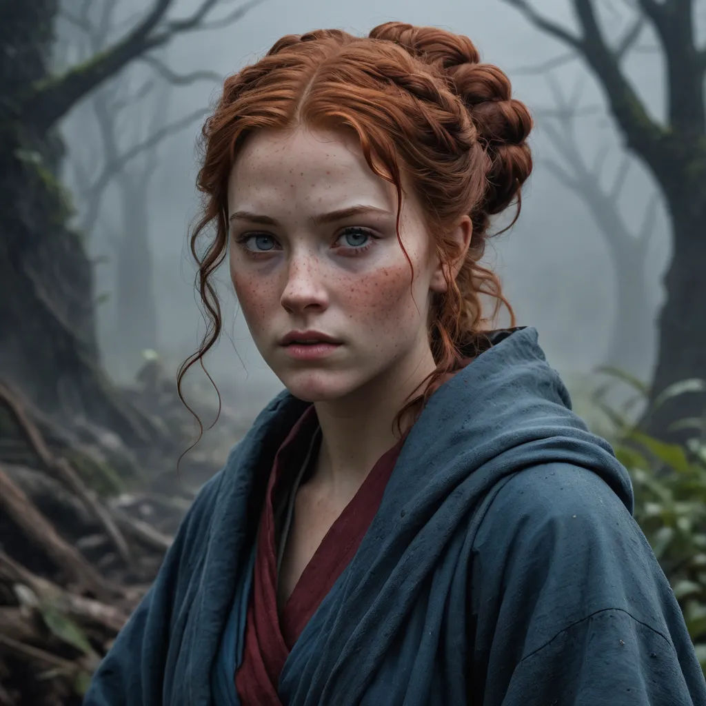 a woman with red hair and blue eyes in a forest with trees and fog in the background, wearing a robe, pre-raphaelitism, a character portrait, Ada Hill Walker, vfx