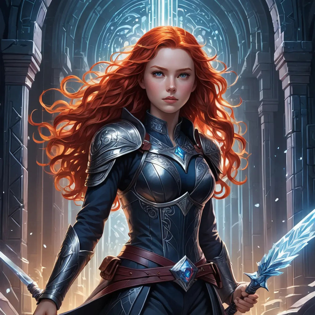 a woman in a black suit holding two swords in her hands and a sword in her hand, with a blue background, fantasy art, a detailed painting, Clint Cearley, epic fantasy character art