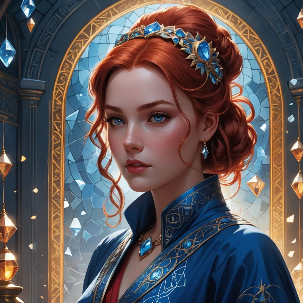 a painting of a woman with red hair and blue eyes wearing a blue dress and a tiara with jewels, fantasy art, a detailed painting, Charlie Bowater, highly detailed digital painting