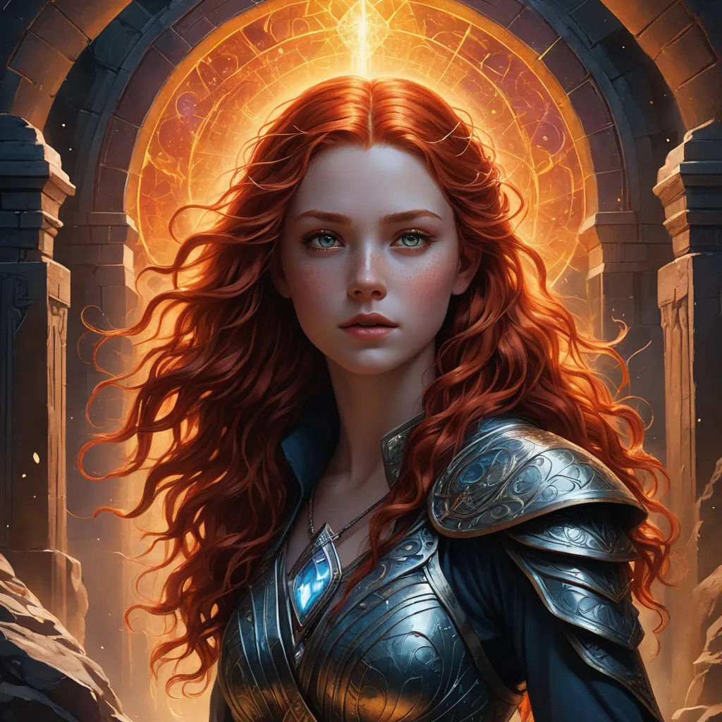a woman with red hair and a sword in her hand, standing in front of a doorway with a light shining through, fantasy art, a detailed painting, Donato Giancola, epic fantasy character art