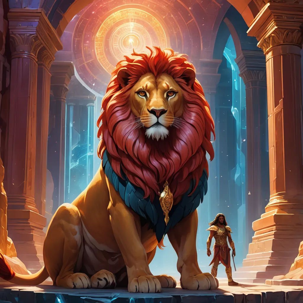 a lion with a red mane and a man in a red cape standing in front of a doorway with a light shining on it, fantasy art, concept art, Clint Cearley, magic the gathering artwork