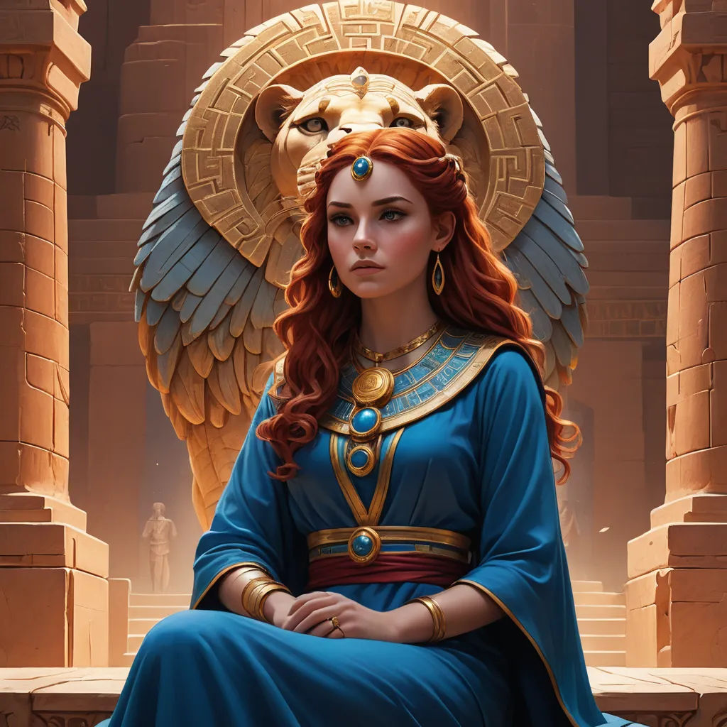 a woman in a blue dress sitting on a bench with a lion head on her head and a lion's head on her forehead, fantasy art, a detailed painting, Clint Cearley, magic the gathering artwork