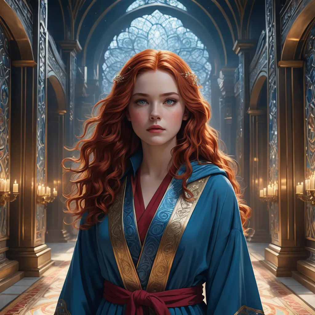 a woman with red hair in a blue robe and a red bow around her neck and a red hair, fantasy art, a character portrait, Charlie Bowater, rossdraws global illumination