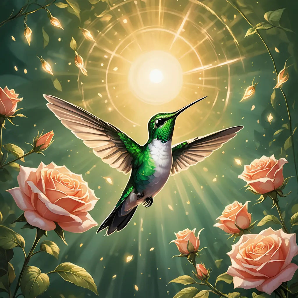 a painting of a hummingbird flying over roses with the sun shining behind it and a starburst in the sky, fantasy art, a detailed painting, Anne Stokes, highly detailed digital painting