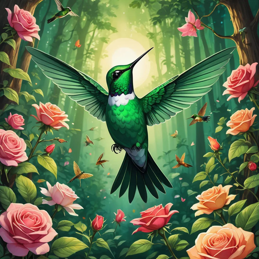 a painting of a hummingbird flying over a forest of roses and roses with a sun in the background, fantasy art, a digital painting, Dan Mumford, highly detailed digital painting