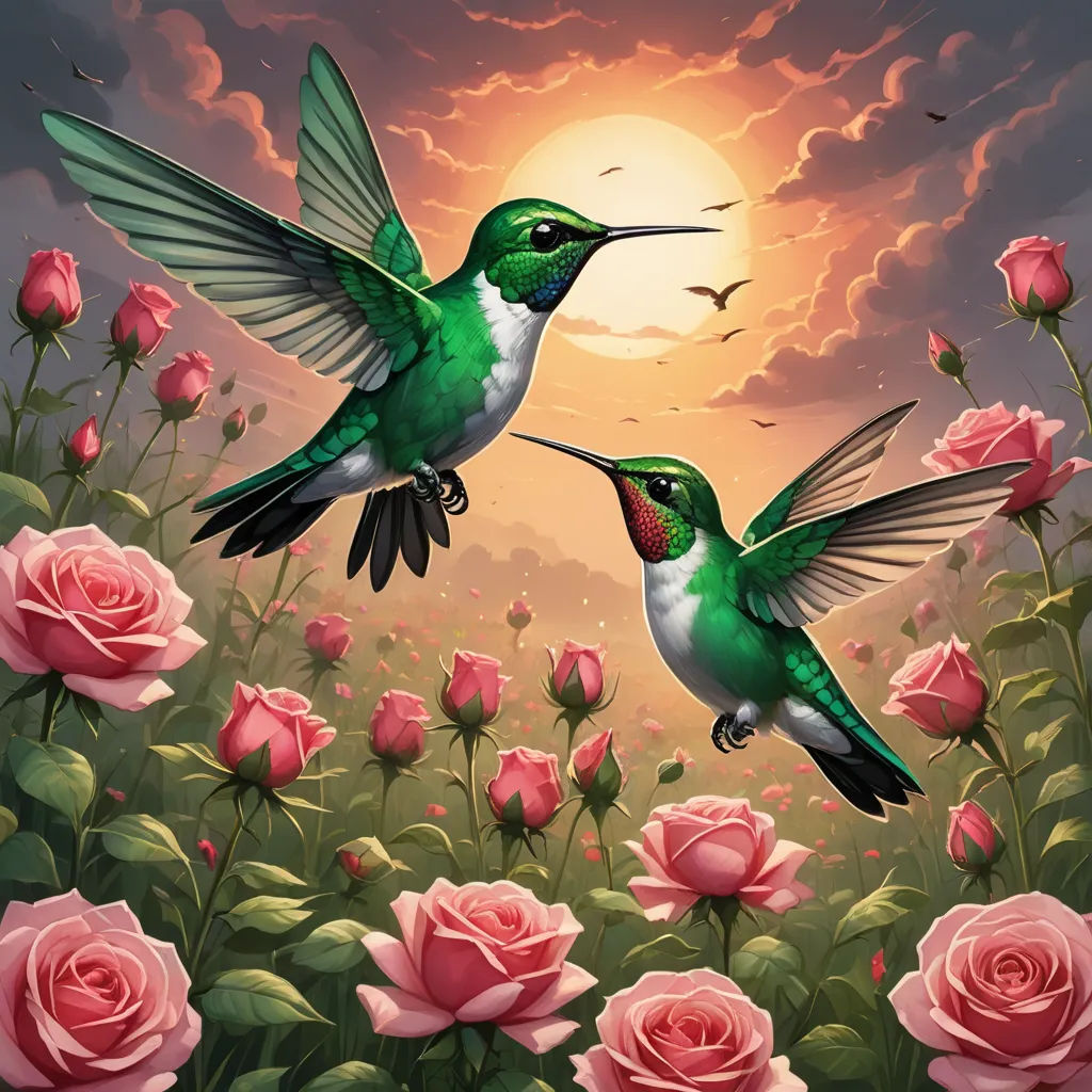 two hummingbirds flying over a field of pink roses with a sunset in the background and a bird flying over the flowers, fantasy art, an airbrush painting, Anne Stokes, magic the gathering artwork