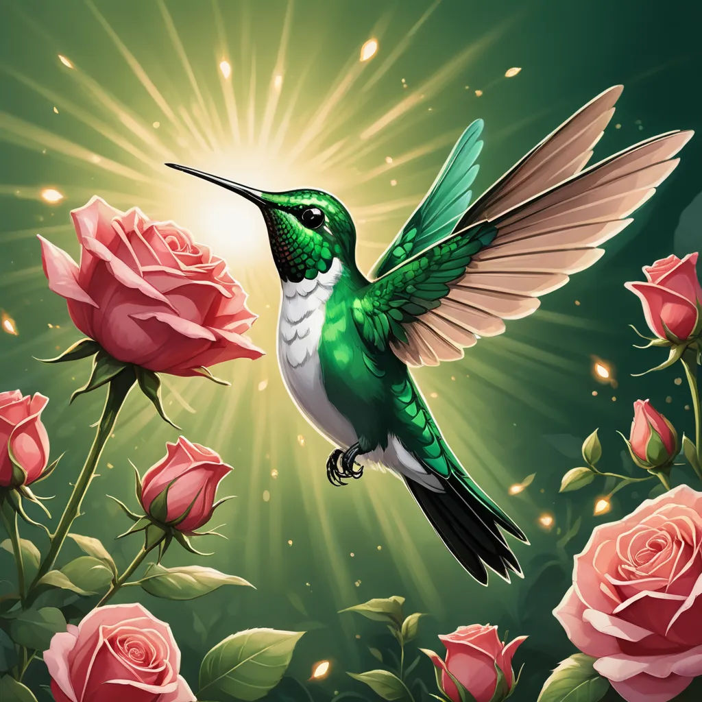 a hummingbird flying over a bunch of pink roses with a green background and sunburst in the background, rococo, a detailed painting, Anne Stokes, game art