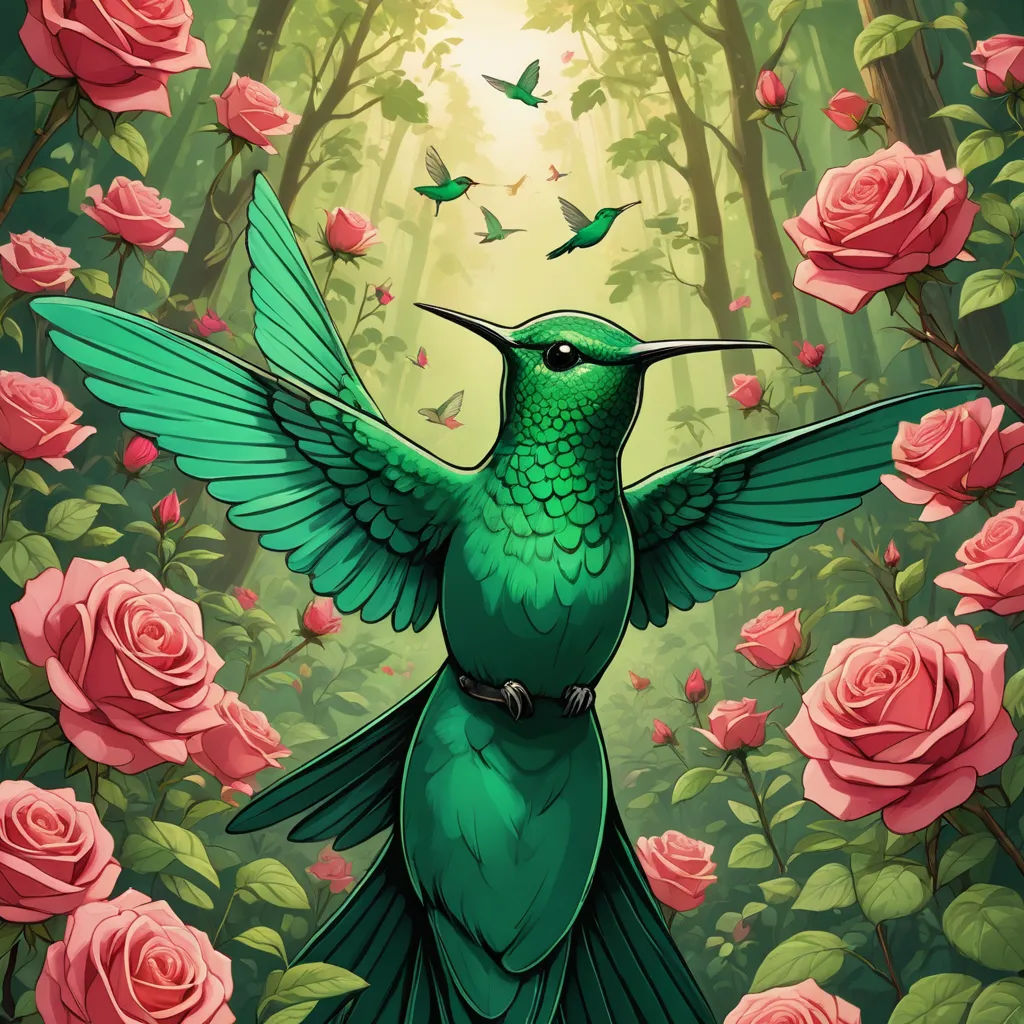 a green bird with a green beak and wings is surrounded by pink roses and roses in the background is a forest, fantasy art, a storybook illustration, Chris LaBrooy, highly detailed digital painting