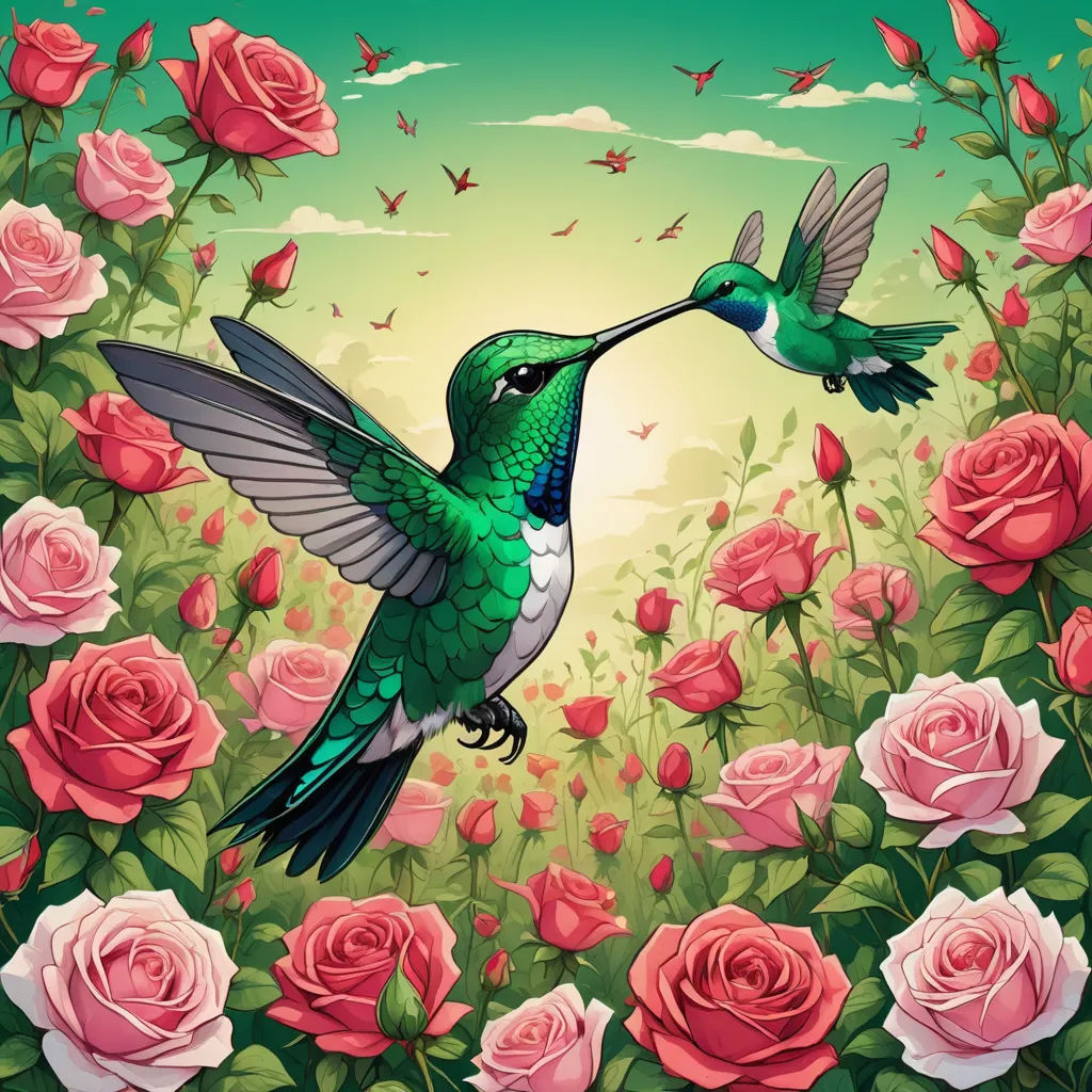 a painting of a hummingbird feeding on a flower with roses in the background and butterflies flying around it, pop surrealism, a storybook illustration, Chris LaBrooy, detailed illustration