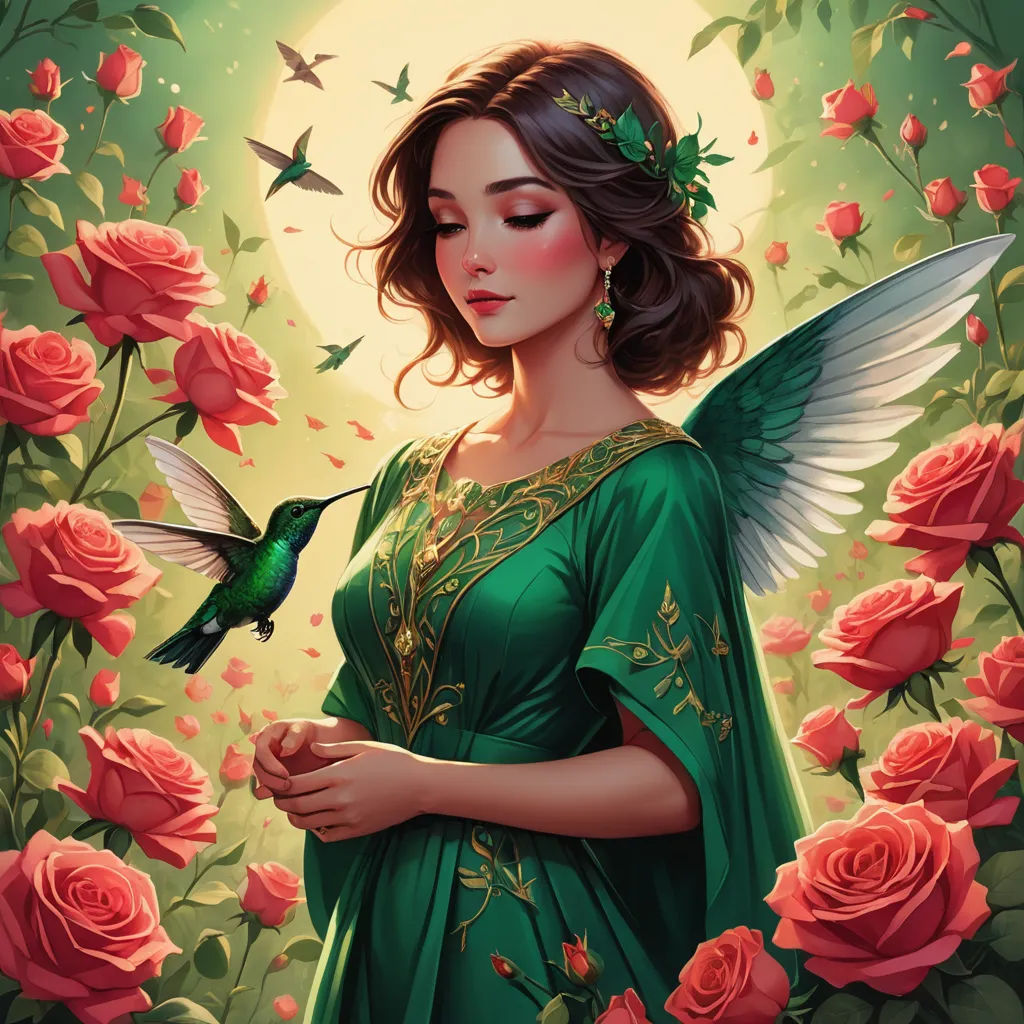 a painting of a woman with a green dress and a humming in her hand and roses in the background, fantasy art, a detailed painting, Anne Stokes, highly detailed digital painting