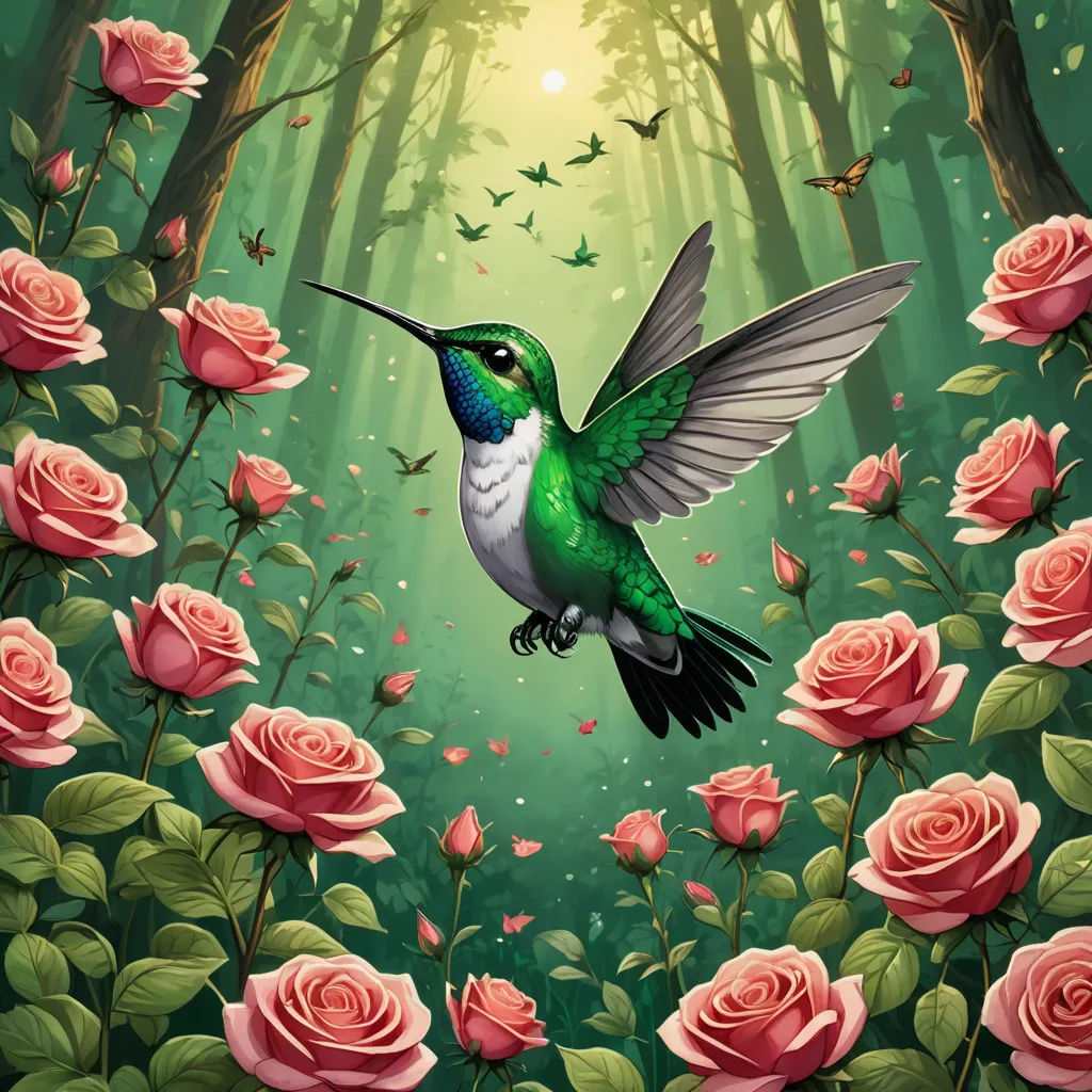 a painting of a hummingbird flying over a forest of roses and roses with a sun shining through the trees, fantasy art, a storybook illustration, Anne Stokes, highly detailed digital painting