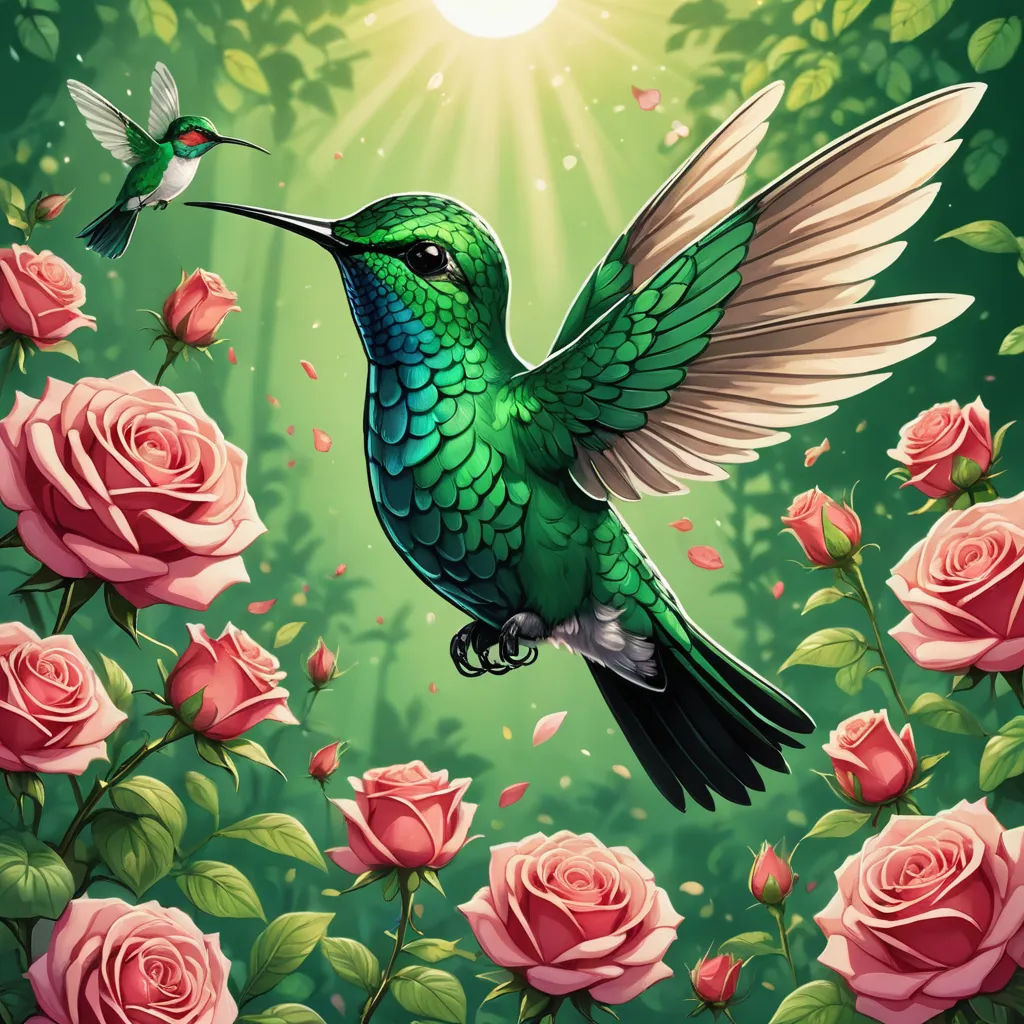 a painting of a hummingbird flying over roses with a sun in the background and a bird flying over the flowers, fantasy art, a storybook illustration, Dan Mumford, highly detailed digital painting