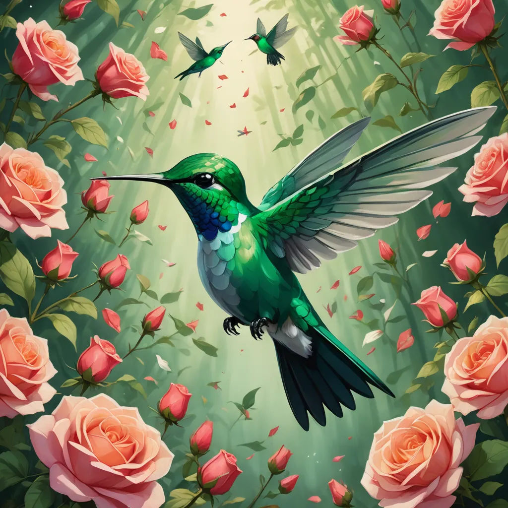a painting of a hummingbird flying over a bunch of roses with hummingbirds flying around it and a forest of pink roses, fantasy art, a digital painting, Chris LaBrooy, highly detailed digital painting