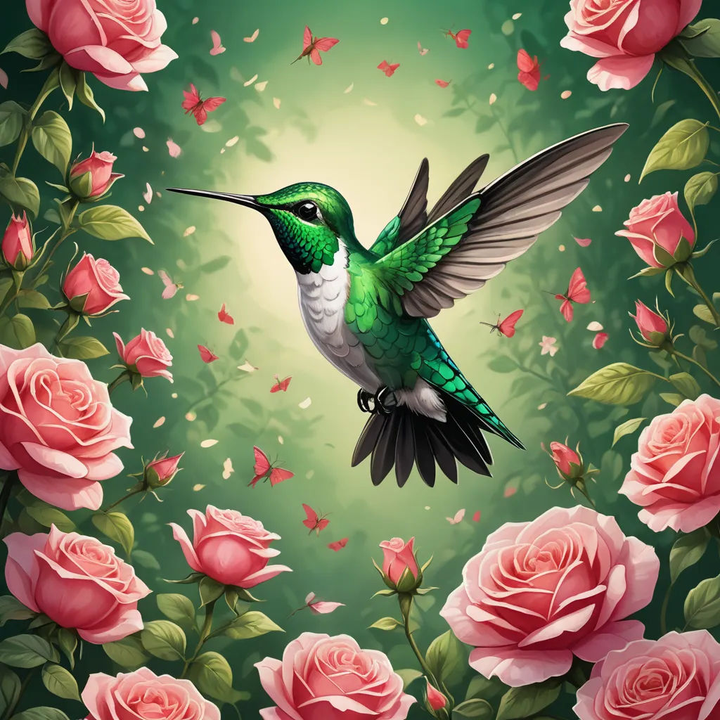 a hummingbird flying over a bunch of pink roses and roses in the background with butterflies flying around it, fantasy art, a digital painting, Chris LaBrooy, highly detailed digital painting