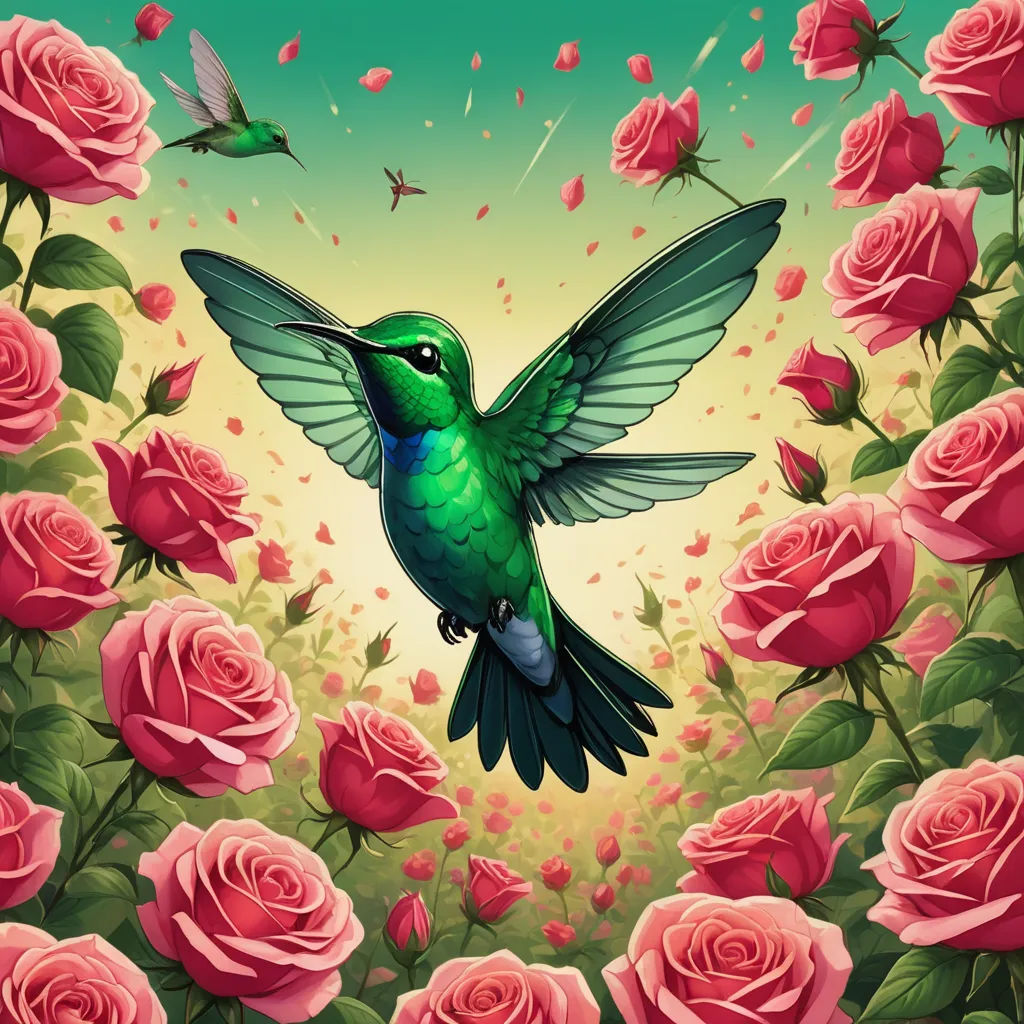 a painting of a hummingbird flying over a field of roses with a hummingbird flying over it and a hummingbird in the background, pop surrealism, an airbrush painting, Dan Mumford, highly detailed digital painting