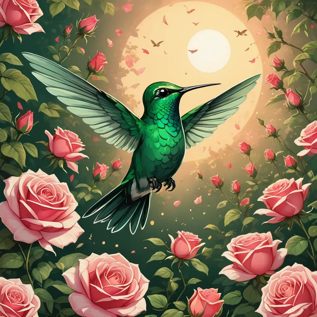 a painting of a hummingbird flying over roses and roses with a full moon in the background and a full moon in the sky, fantasy art, a digital painting, Chris LaBrooy, highly detailed digital painting